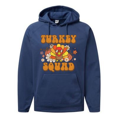 Groovy Thankful Turkey Squad Gift Thanksgiving Cute Turkey Gift Performance Fleece Hoodie