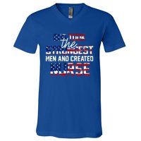 God Took The Strongest And Created Nurse Usa Flag Gift Cool Gift V-Neck T-Shirt