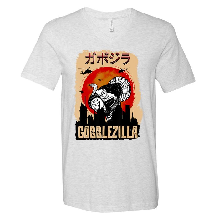 Gobblezilla Turkey Thanksgiving V-Neck T-Shirt