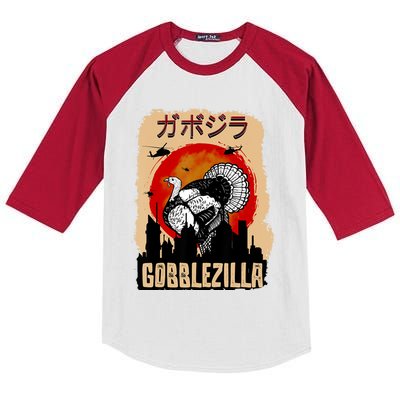 Gobblezilla Turkey Thanksgiving Kids Colorblock Raglan Jersey