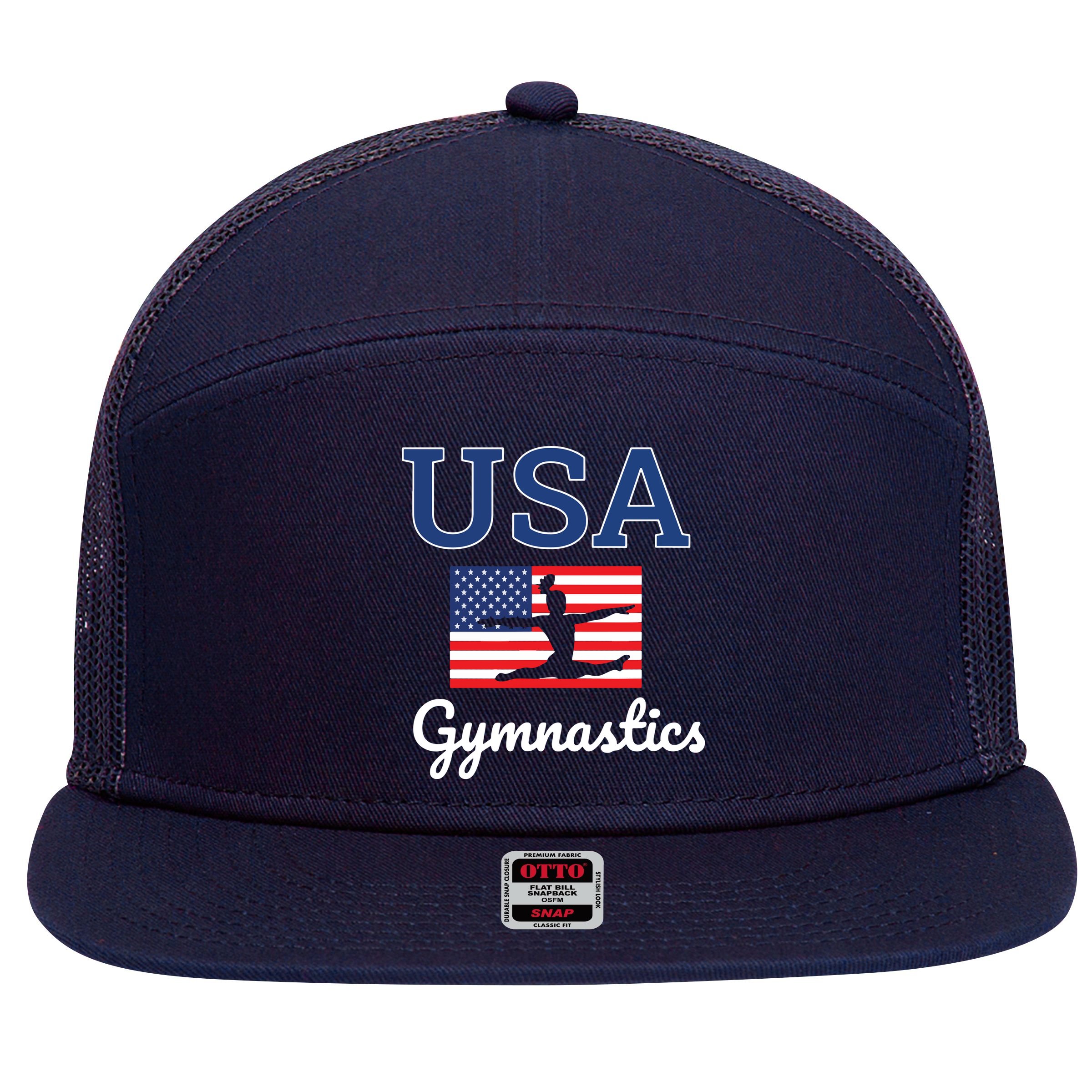 Girl Tumbling Team Gear Gymnast Gymnastics USA American Flag 7 Panel Mesh Trucker Snapback Hat