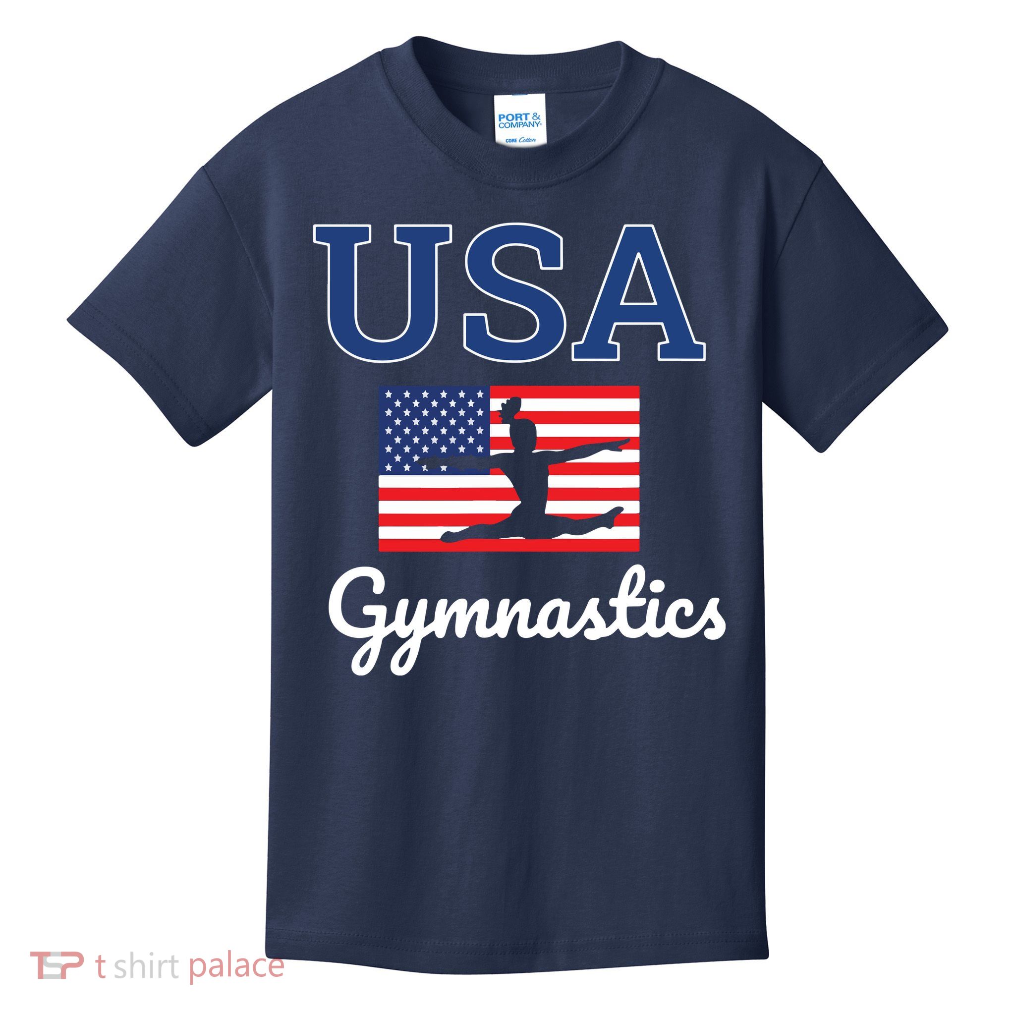 Girl Tumbling Team Gear Gymnast Gymnastics USA American Flag Kids T-Shirt