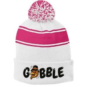 Gobble Turkey Thanksgiving Holiday Cute Stripe Pom Pom Beanie