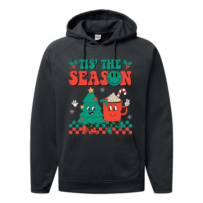 Groovy Tis The Season Christmas Hippie Hot Cocoa Performance Fleece Hoodie