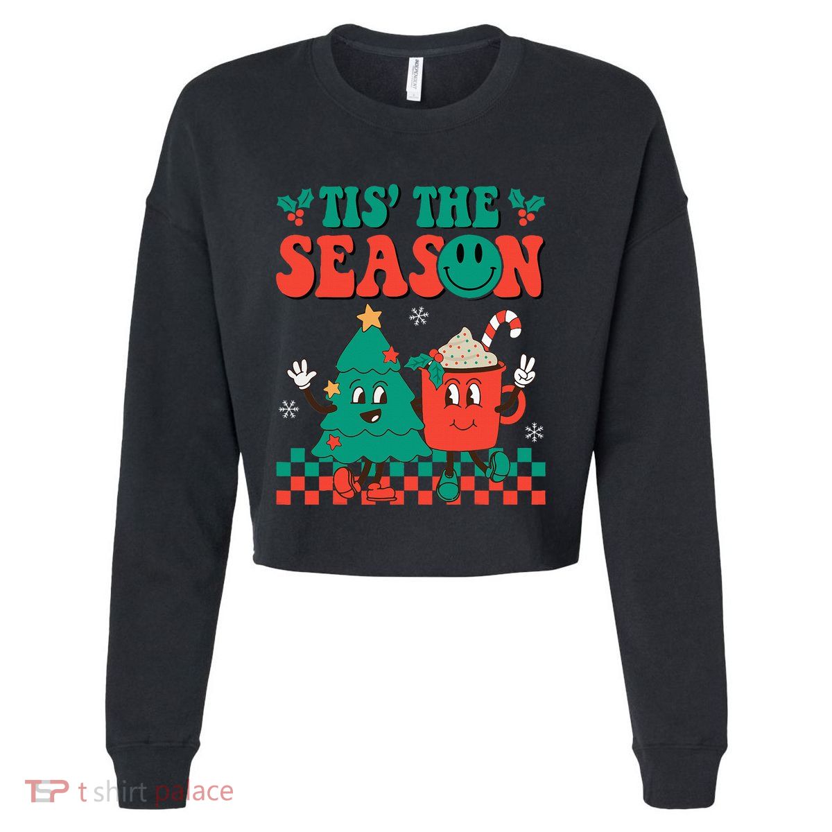 Groovy Tis The Season Christmas Hippie Hot Cocoa Cropped Pullover Crew