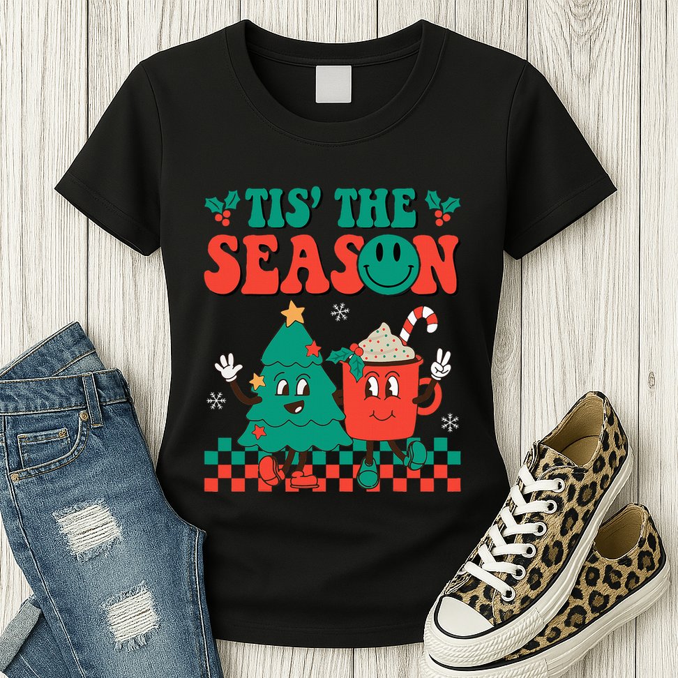 Groovy Tis The Season Christmas Hippie Hot Cocoa Womens T-Shirt