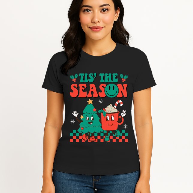 Groovy Tis The Season Christmas Hippie Hot Cocoa Womens T-Shirt