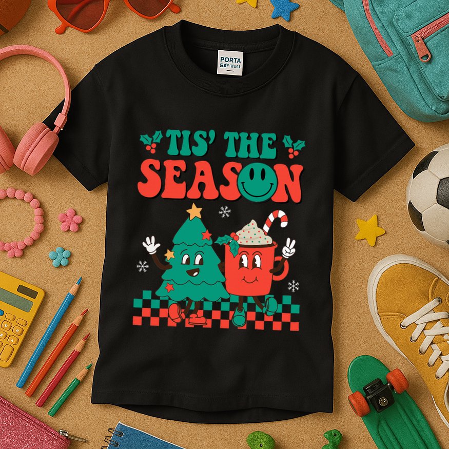 Groovy Tis The Season Christmas Hippie Hot Cocoa Kids T-Shirt