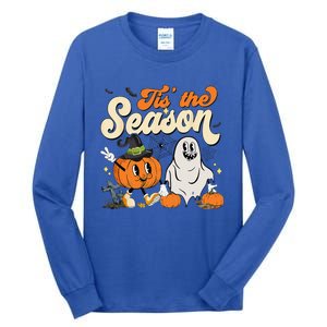 Groovy Tis The Season Pumpkin Floral Ghost Hippie Halloween Tall Long Sleeve T-Shirt