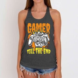 Gamer Till The End Scary Halloween Skeleton Video Game Lover Funny Gift Women's Knotted Racerback Tank