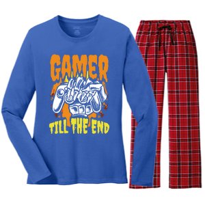 Gamer Till The End Scary Halloween Skeleton Video Game Lover Funny Gift Women's Long Sleeve Flannel Pajama Set 