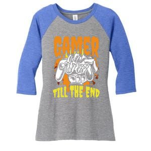 Gamer Till The End Scary Halloween Skeleton Video Game Lover Funny Gift Women's Tri-Blend 3/4-Sleeve Raglan Shirt