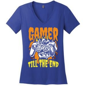 Gamer Till The End Scary Halloween Skeleton Video Game Lover Funny Gift Women's V-Neck T-Shirt