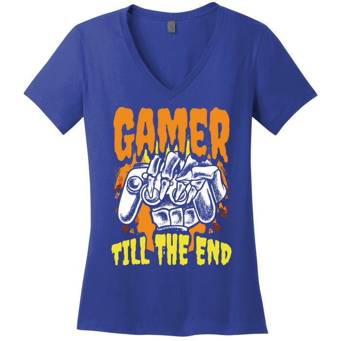 Gamer Till The End Scary Halloween Skeleton Video Game Lover Funny Gift Women's V-Neck T-Shirt