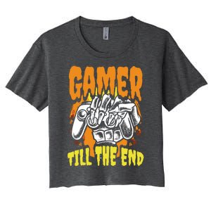 Gamer Till The End Scary Halloween Skeleton Video Game Lover Funny Gift Women's Crop Top Tee