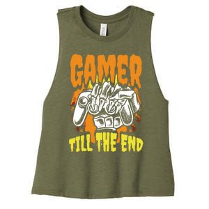 Gamer Till The End Scary Halloween Skeleton Video Game Lover Funny Gift Women's Racerback Cropped Tank