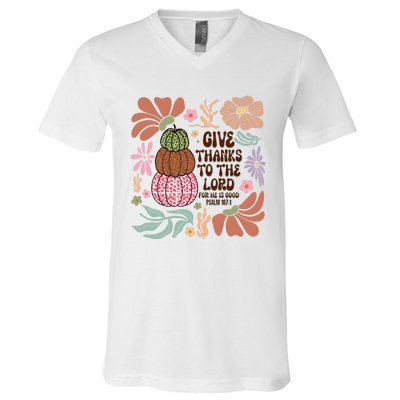 Give Thanks To The Lord Floral Fall V-Neck T-Shirt