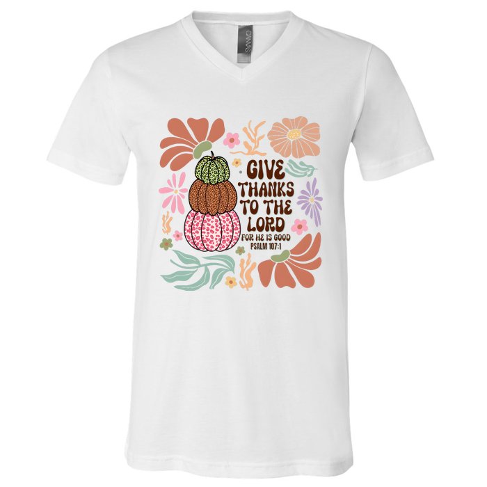 Give Thanks To The Lord Floral Fall V-Neck T-Shirt