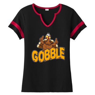 Gobble Turkey Thanksgiving Holiday Ladies Halftime Notch Neck Tee