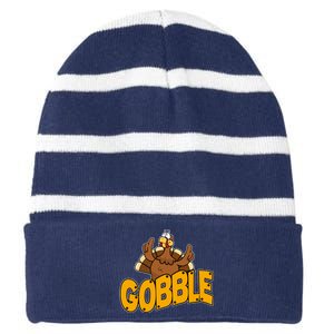 Gobble Turkey Thanksgiving Holiday Striped Beanie with Solid Band