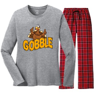 Gobble Turkey Thanksgiving Holiday Women's Long Sleeve Flannel Pajama Set 