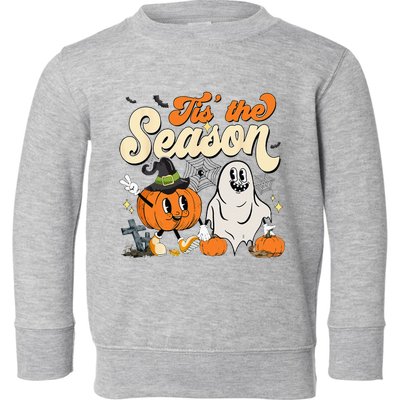 Groovy Tis The Season Pumpkin Floral Ghost Hippie Halloween Toddler Sweatshirt