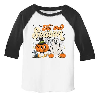 Groovy Tis The Season Pumpkin Floral Ghost Hippie Halloween Toddler Fine Jersey T-Shirt