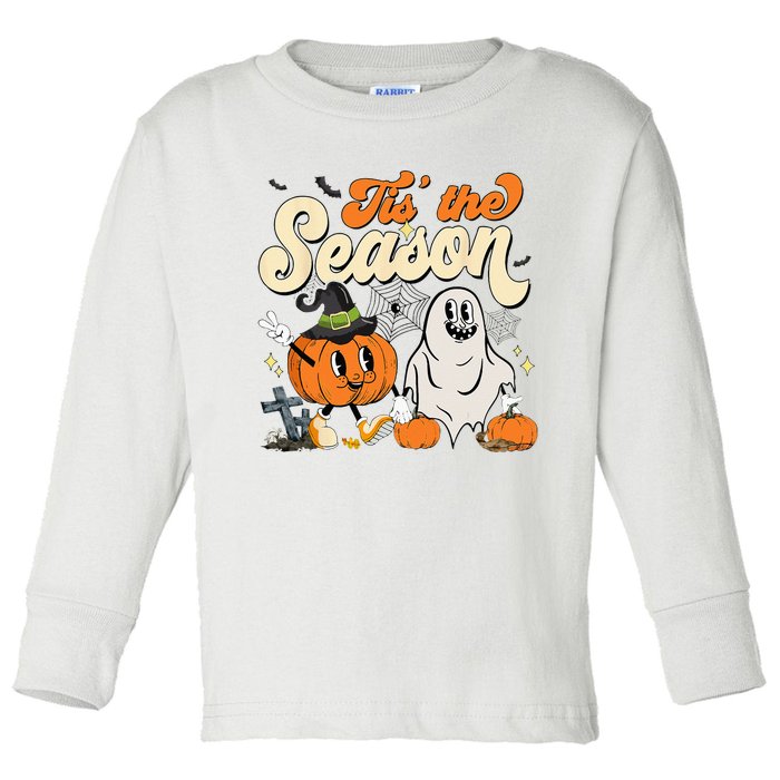 Groovy Tis The Season Pumpkin Floral Ghost Hippie Halloween Toddler Long Sleeve Shirt