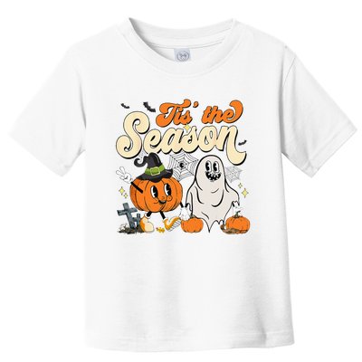 Groovy Tis The Season Pumpkin Floral Ghost Hippie Halloween Toddler T-Shirt