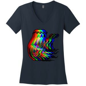 Ghost Trippy Vaporwave Electric Guitar Halloween Rock Music Women's V-Neck T-Shirt