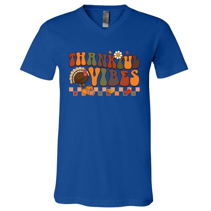 Groovy Thankful Vibes Turkey Pumpkin Fall Thanksgiving Funny Gift V-Neck T-Shirt