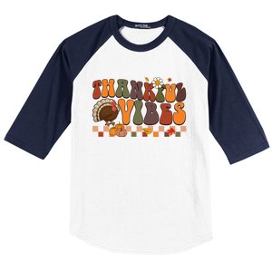 Groovy Thankful Vibes Turkey Pumpkin Fall Thanksgiving Funny Gift Baseball Sleeve Shirt