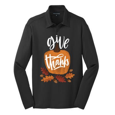 Give Thanks Vintage Fall Thanksgiving Silk Touch Performance Long Sleeve Polo