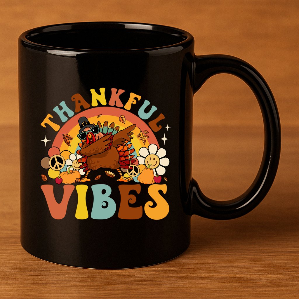Groovy Thankful Vibes Dabbing Turkey Autumn Thanksgiving Gift 11oz C Handle Ceramic Mug