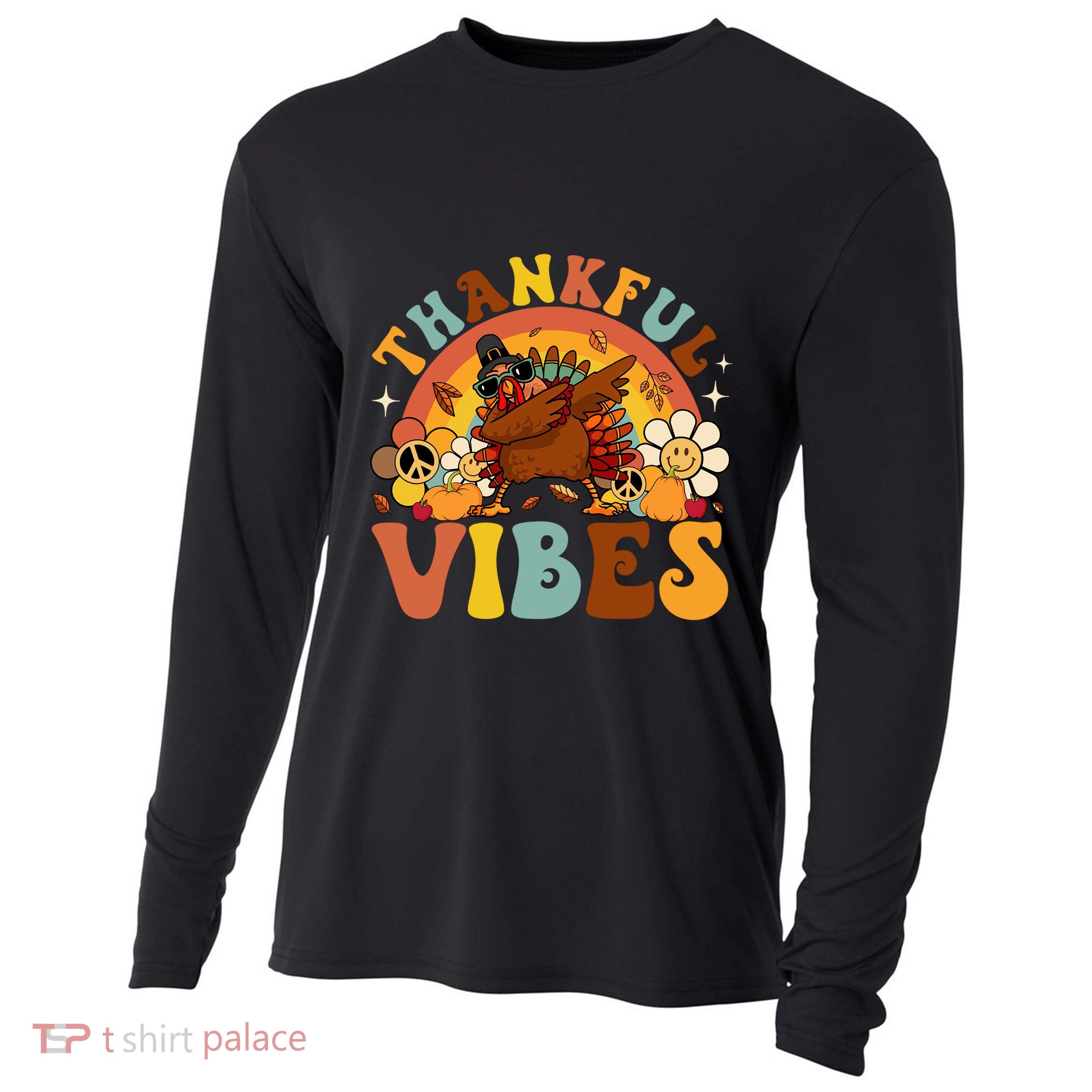 Groovy Thankful Vibes Dabbing Turkey Autumn Thanksgiving Gift Cooling Performance Long Sleeve Crew