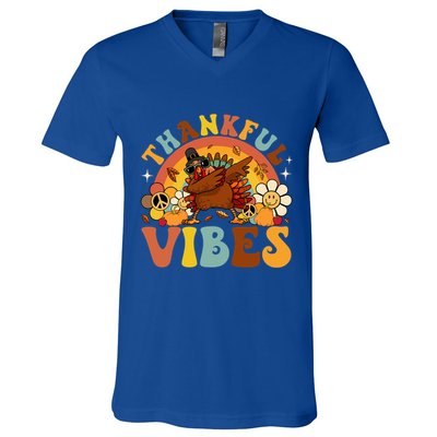 Groovy Thankful Vibes Dabbing Turkey Autumn Thanksgiving Gift V-Neck T-Shirt