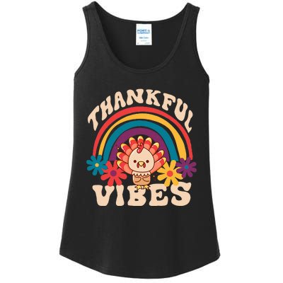 Groovy Thankful Vibes Turkey Fall Thanksgiving Ladies Essential Tank