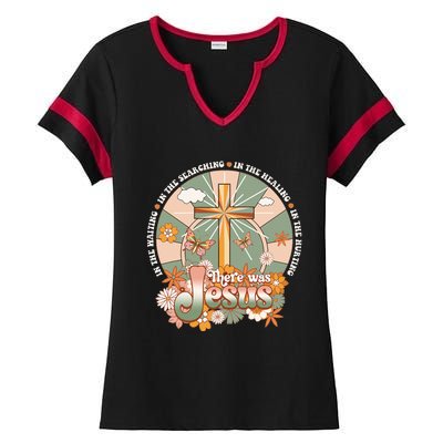 Groovy There Was Jesus Cross Christian Religious Hippie Ladies Halftime Notch Neck Tee