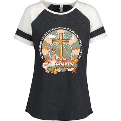 Groovy There Was Jesus Cross Christian Religious Hippie Enza Ladies Jersey Colorblock Tee