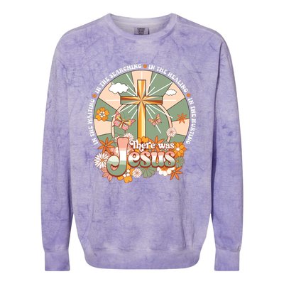 Groovy There Was Jesus Cross Christian Religious Hippie Colorblast Crewneck Sweatshirt