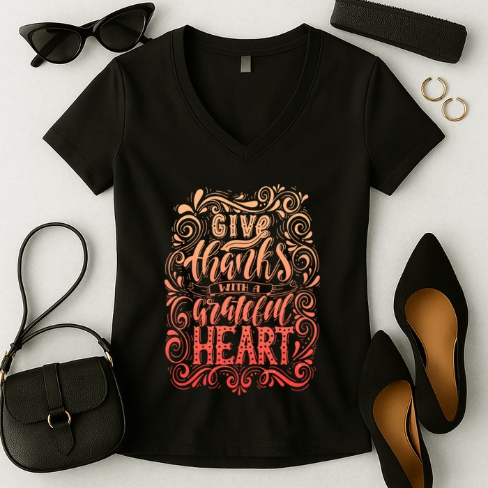 Give Thanks With A Grateful Heart Sign Women's V-Neck T-Shirt
