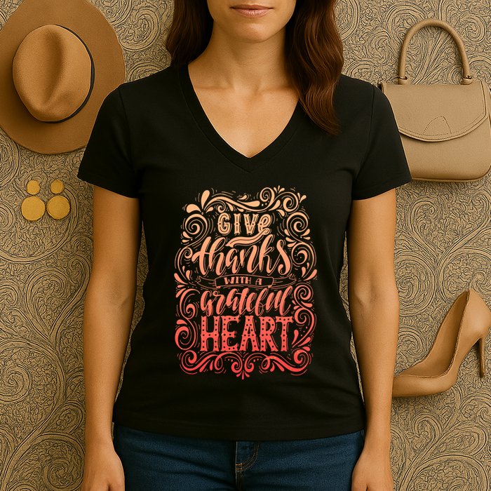 Give Thanks With A Grateful Heart Sign Women's V-Neck T-Shirt