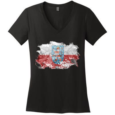 Geremany Thuringia Watercolor Painted State Flag Women's V-Neck T-Shirt