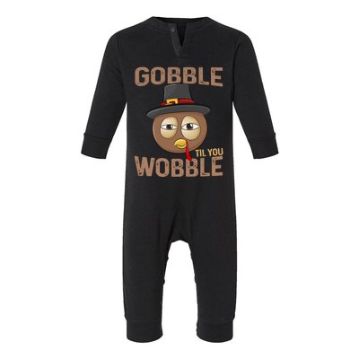 Gobble Til You Wobble Funny Tired Eyes Pilgrim Turkey Face Gift Infant Fleece One Piece