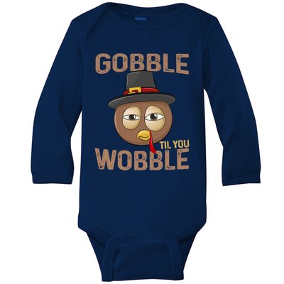 Gobble Til You Wobble Funny Tired Eyes Pilgrim Turkey Face Gift Baby Long Sleeve Bodysuit