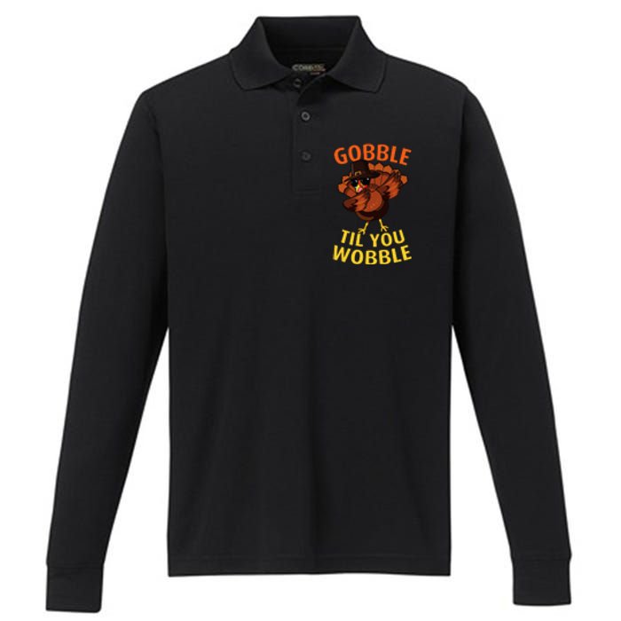 Gobble Til You Wobble Dabbing Turkey Thanksgiving Day Gift Performance Long Sleeve Polo