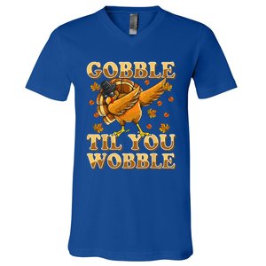 Gobble Til You Wobble Dabbing Turkey Thanksgiving V-Neck T-Shirt