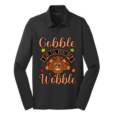 Gobble Till You Wobble Turkey Thanksgiving Family Graphic Gift Silk Touch Performance Long Sleeve Polo