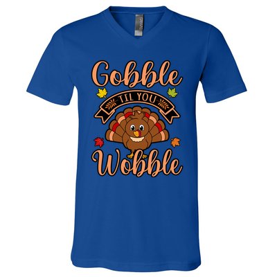 Gobble Till You Wobble Turkey Thanksgiving Family Graphic Gift V-Neck T-Shirt