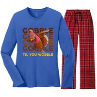 Gobble Til You Wobble Dabbing Turkey Gift Women's Long Sleeve Flannel Pajama Set 